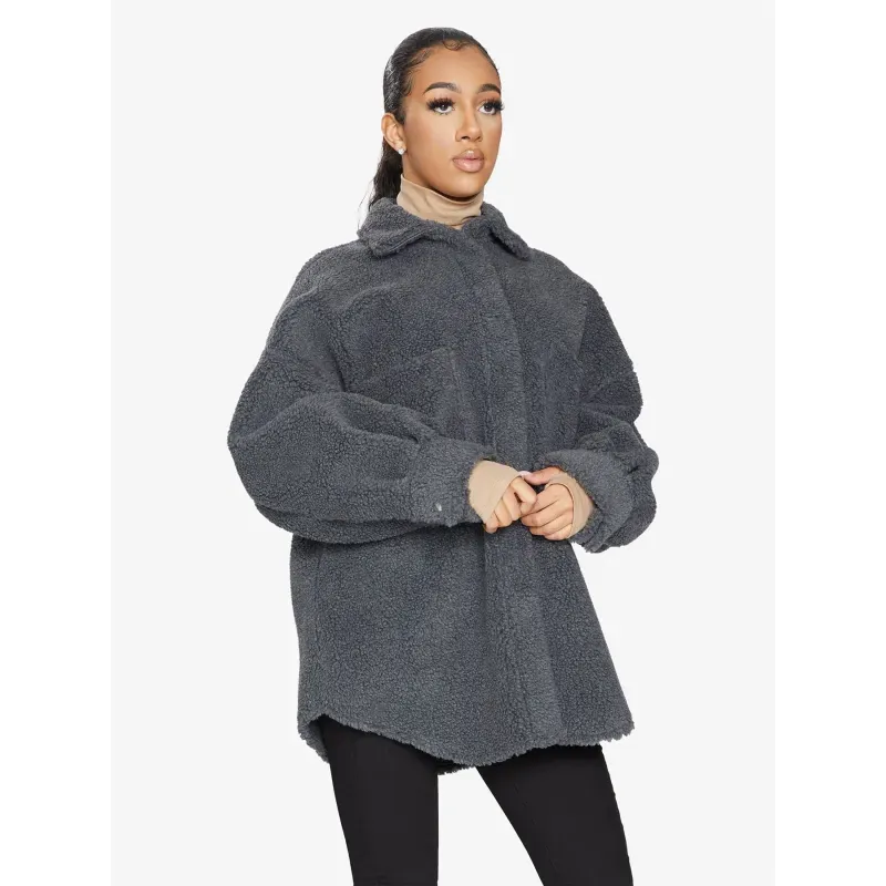 Oversized Patch Pocket Borg Teddy Shacket