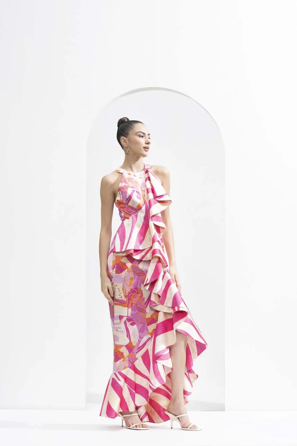 Pink abstract satin bodycon dress