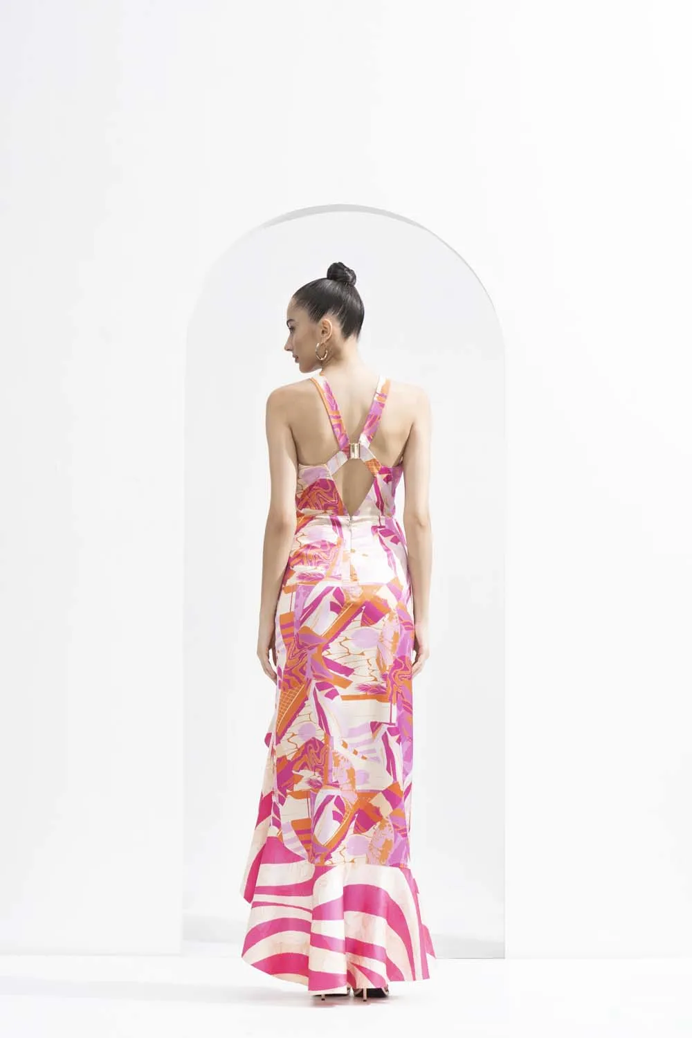 Pink abstract satin bodycon dress