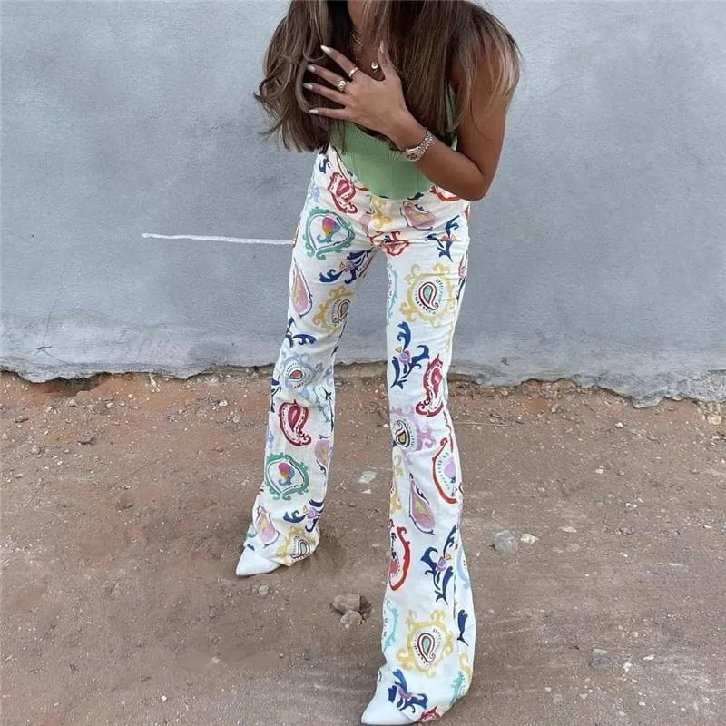 PRINTED HIGH WAIST FLARE PANTS