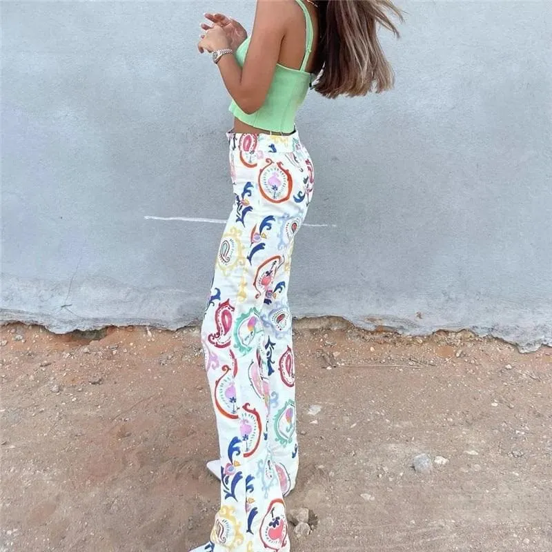 PRINTED HIGH WAIST FLARE PANTS