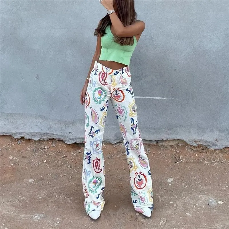 PRINTED HIGH WAIST FLARE PANTS