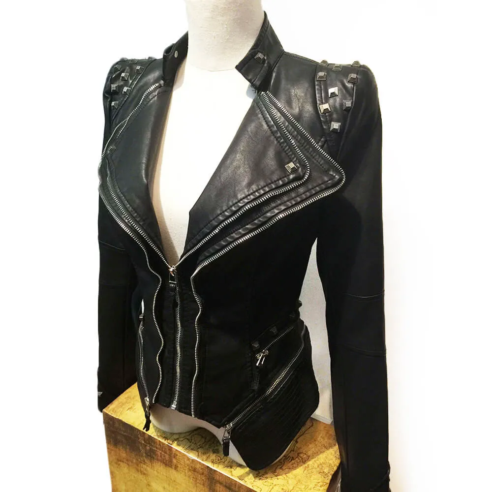 PU Leather Rivets Women's Studded Tuxedo Moto Jacket