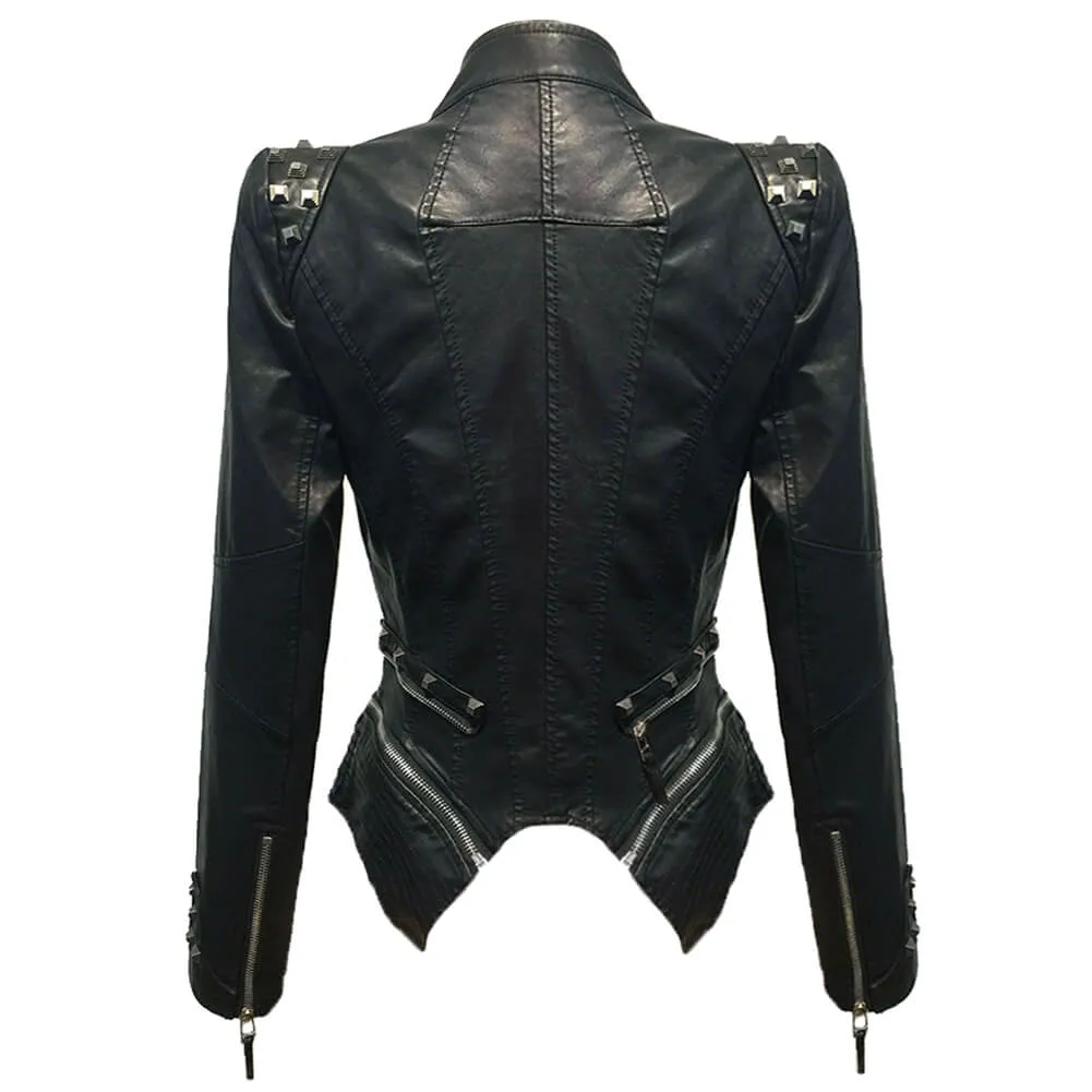 PU Leather Rivets Women's Studded Tuxedo Moto Jacket