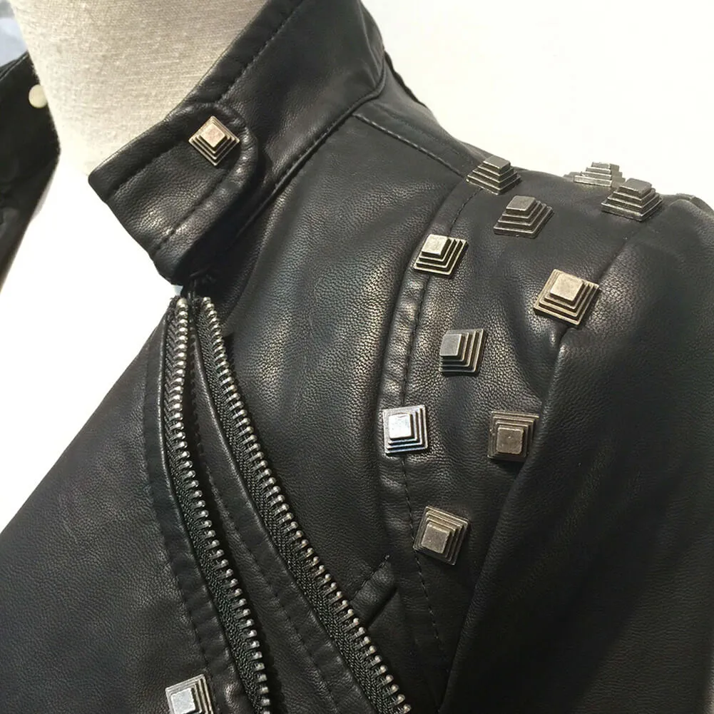 PU Leather Rivets Women's Studded Tuxedo Moto Jacket