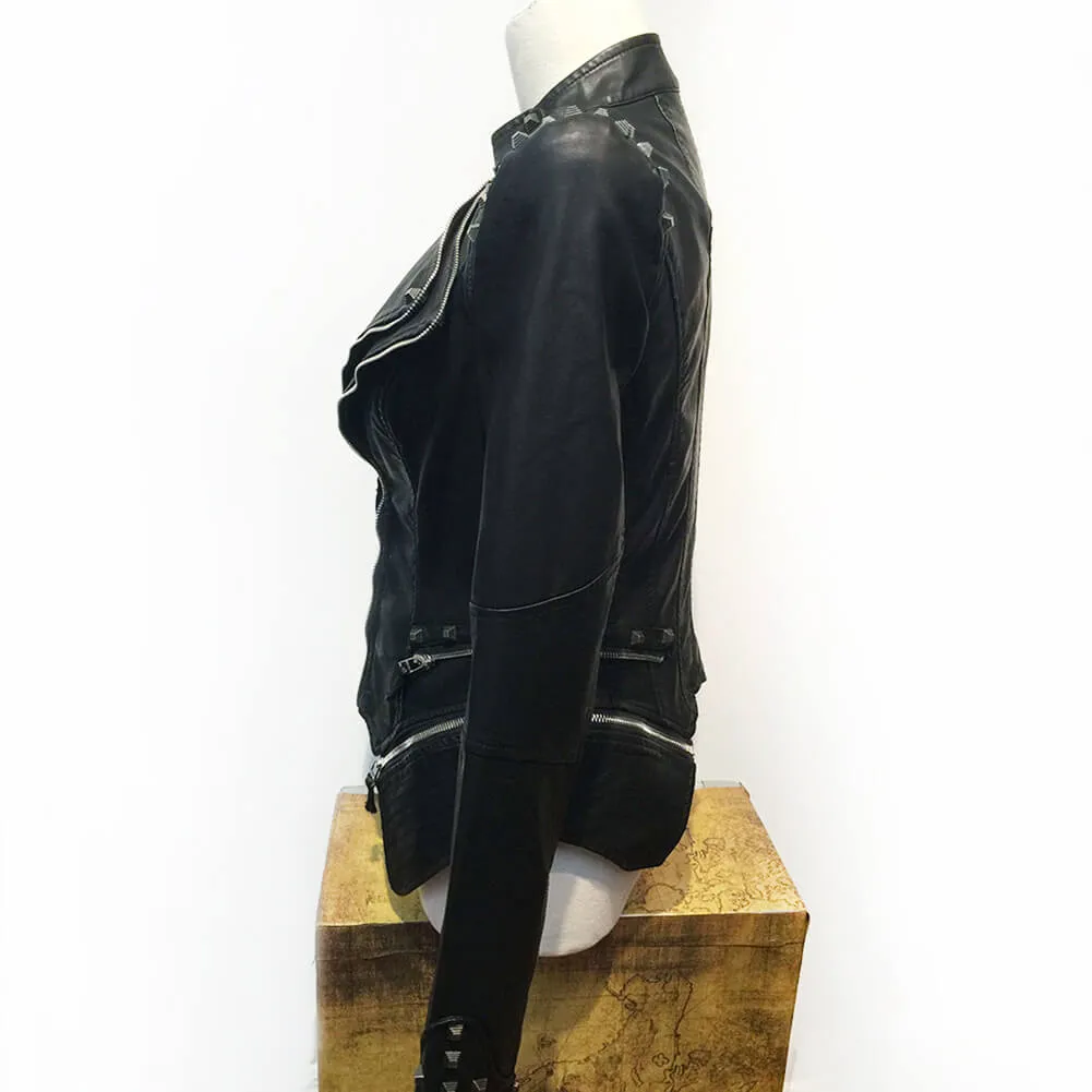 PU Leather Rivets Women's Studded Tuxedo Moto Jacket