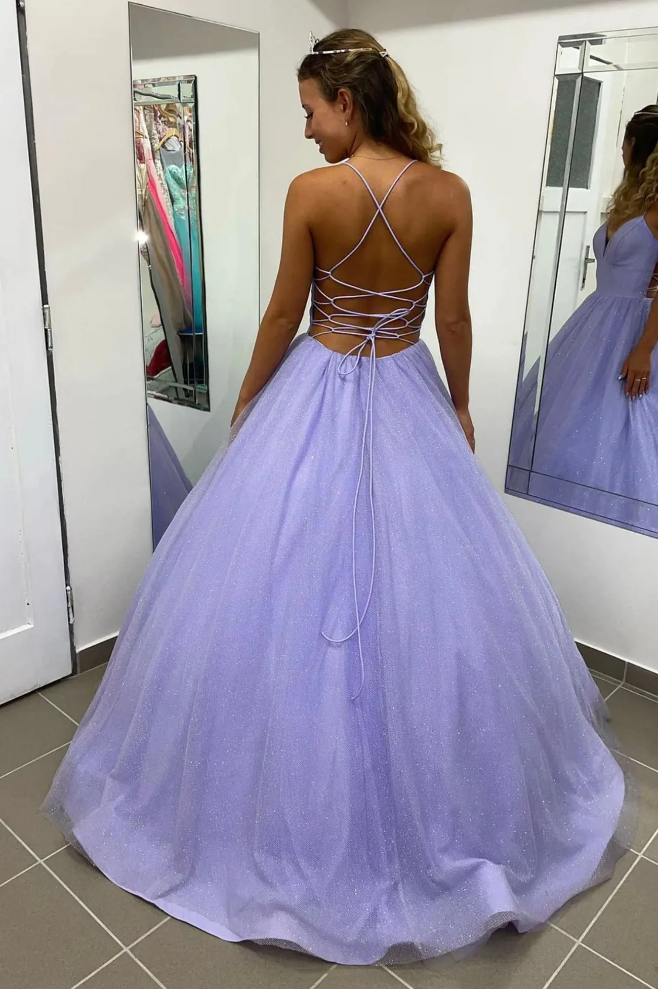 Purple Spaghetti Strap V-Neck Long Prom Dress, A-Line Backless Evening Dress