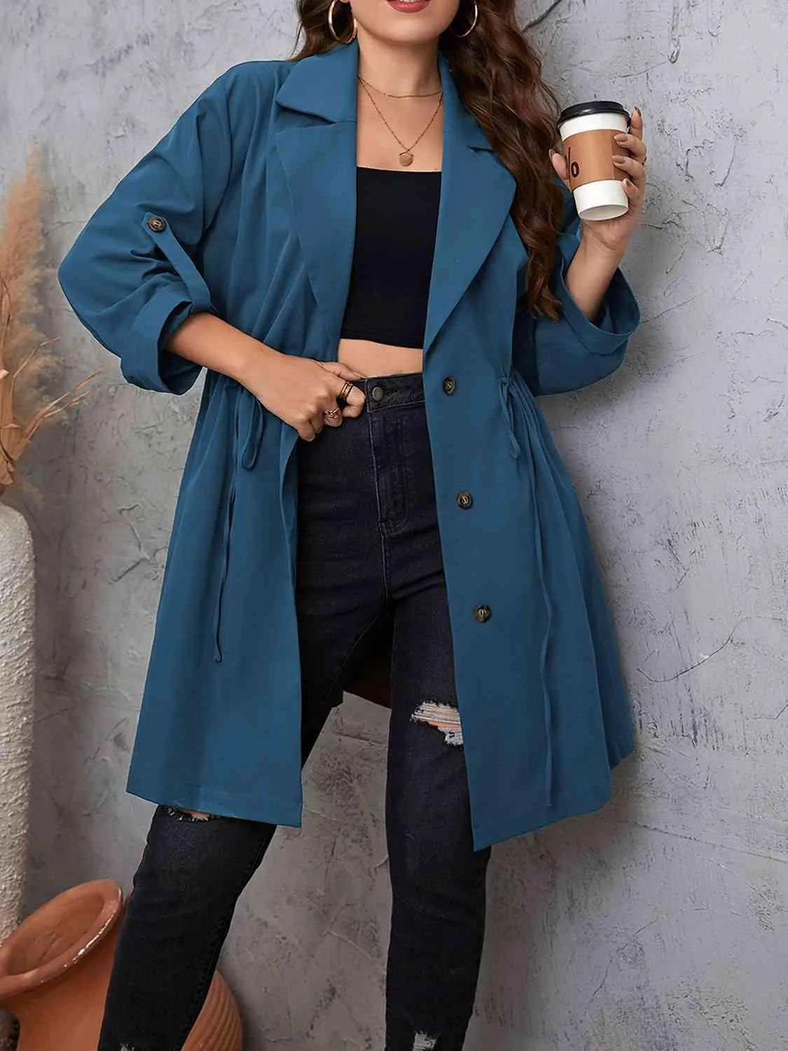 Roll-Tab Sleeve Drawstring Collared Trench Coat