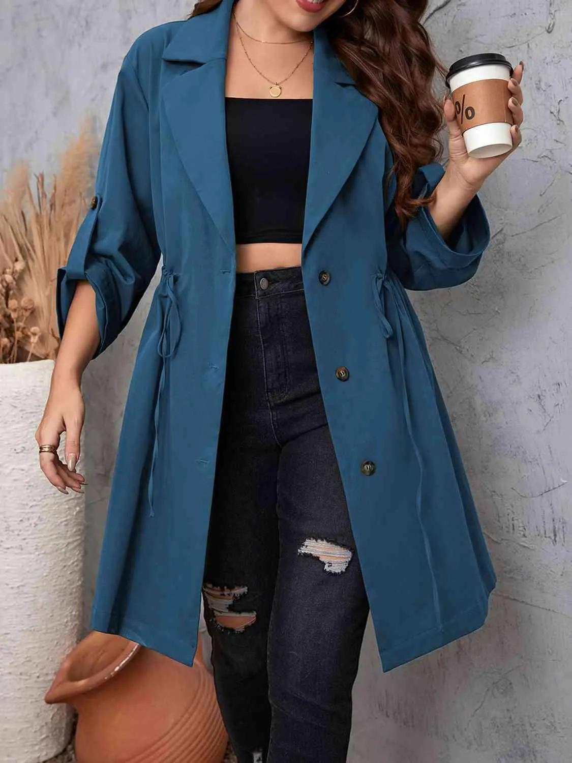 Roll-Tab Sleeve Drawstring Collared Trench Coat