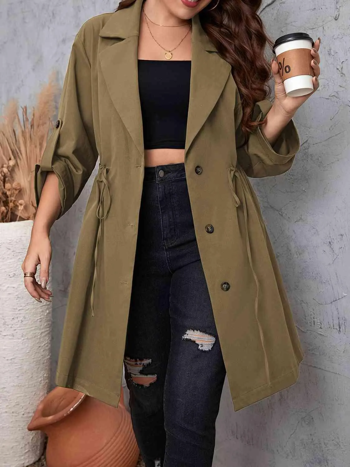 Roll-Tab Sleeve Drawstring Collared Trench Coat