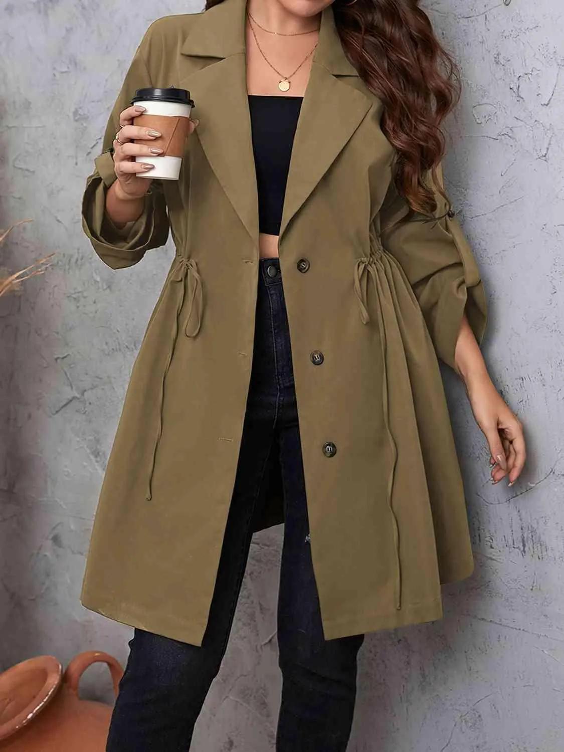 Roll-Tab Sleeve Drawstring Collared Trench Coat