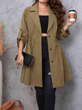 Roll-Tab Sleeve Drawstring Collared Trench Coat