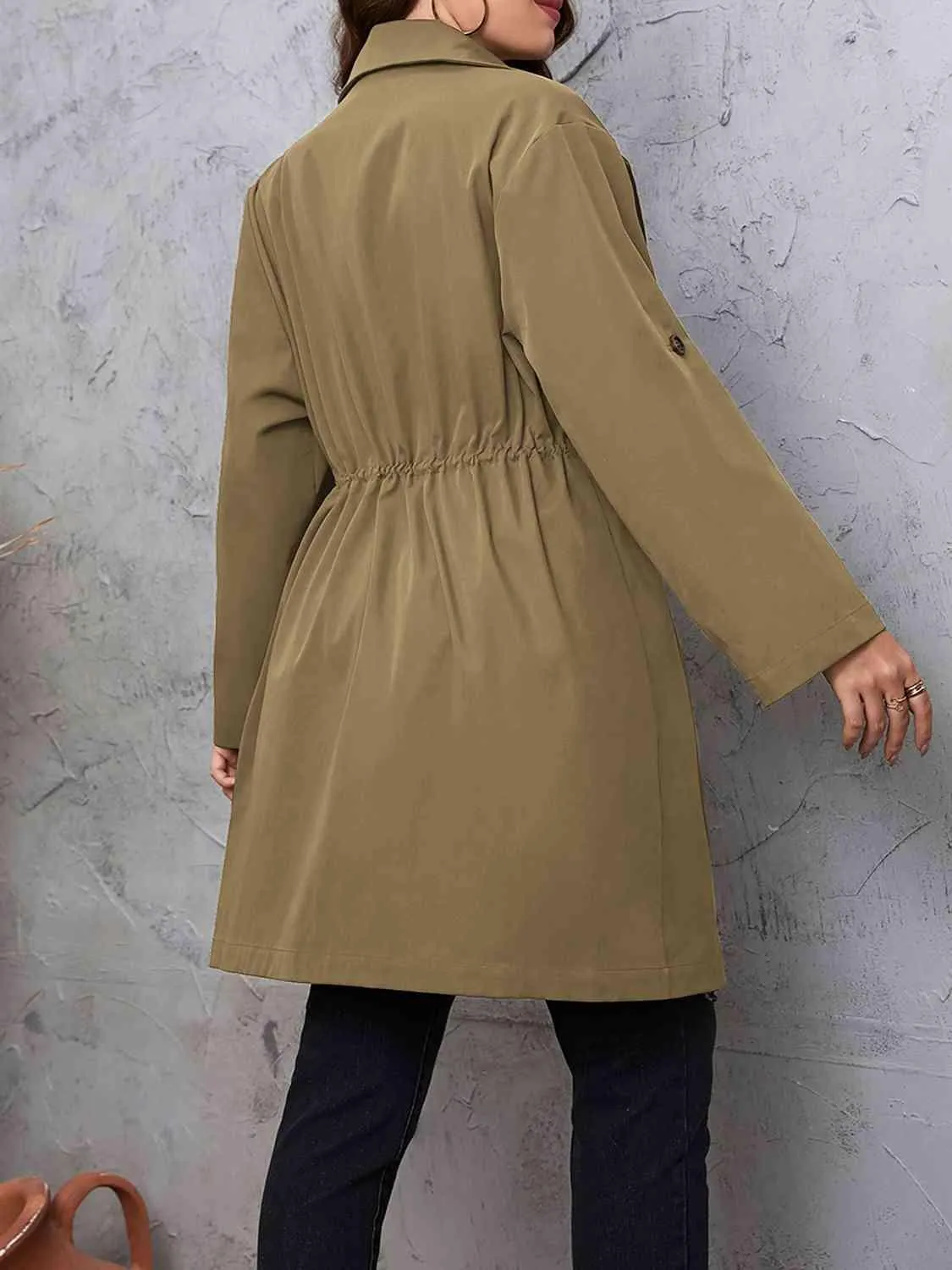 Roll-Tab Sleeve Drawstring Collared Trench Coat