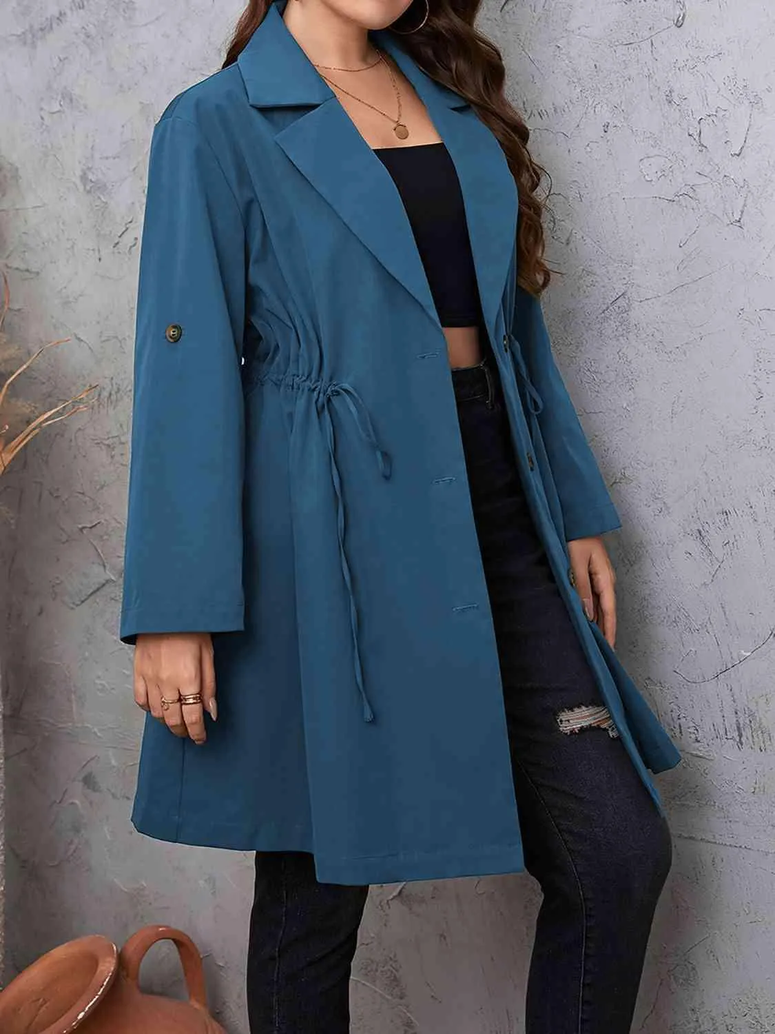 Roll-Tab Sleeve Drawstring Collared Trench Coat