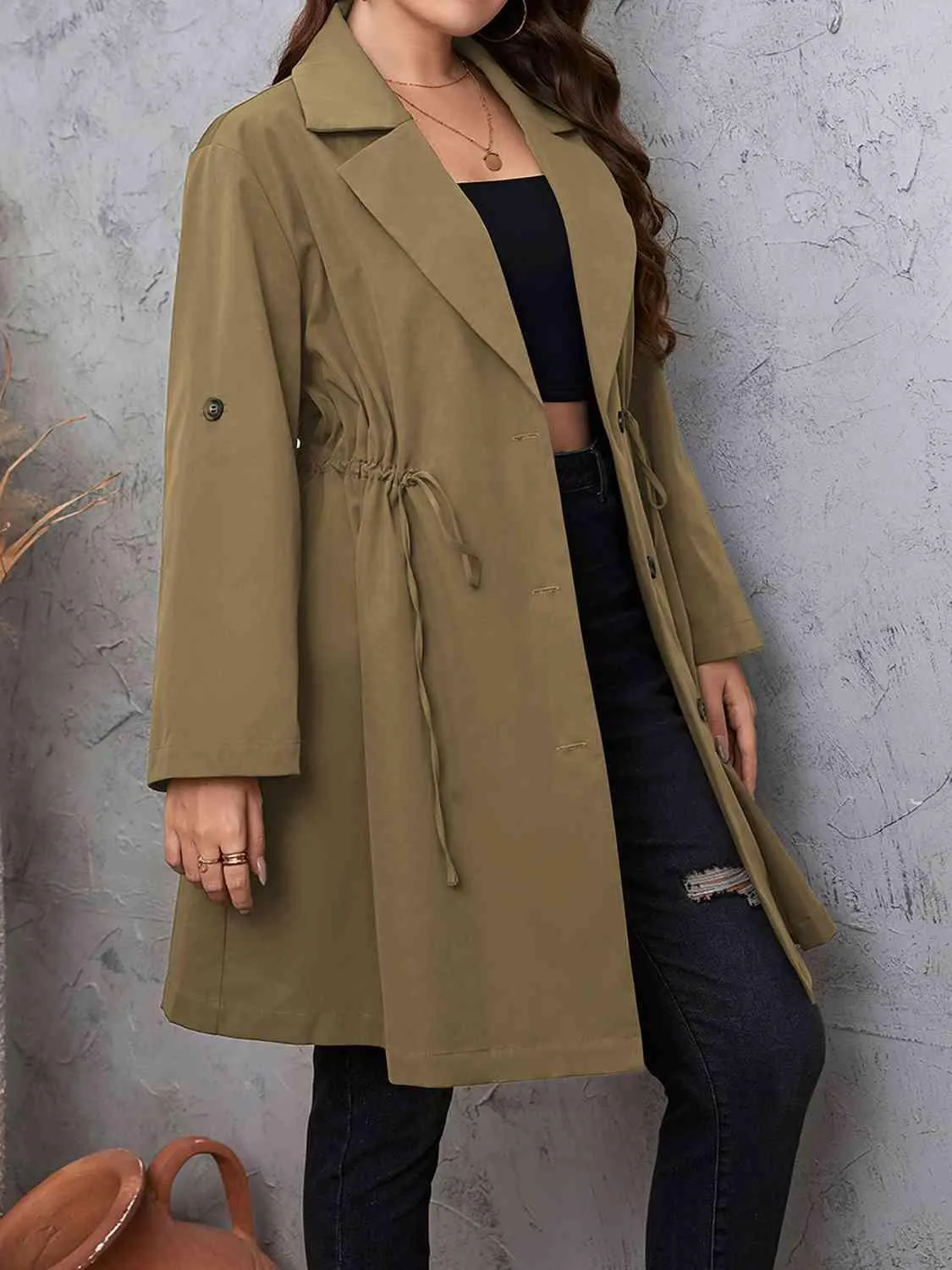 Roll-Tab Sleeve Drawstring Collared Trench Coat