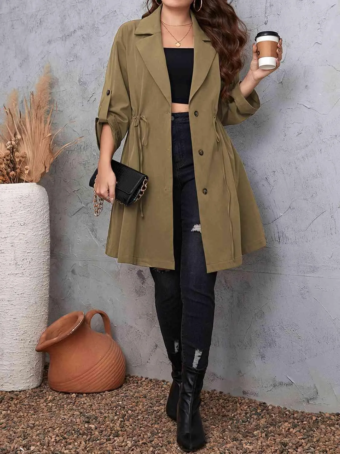Roll-Tab Sleeve Drawstring Collared Trench Coat