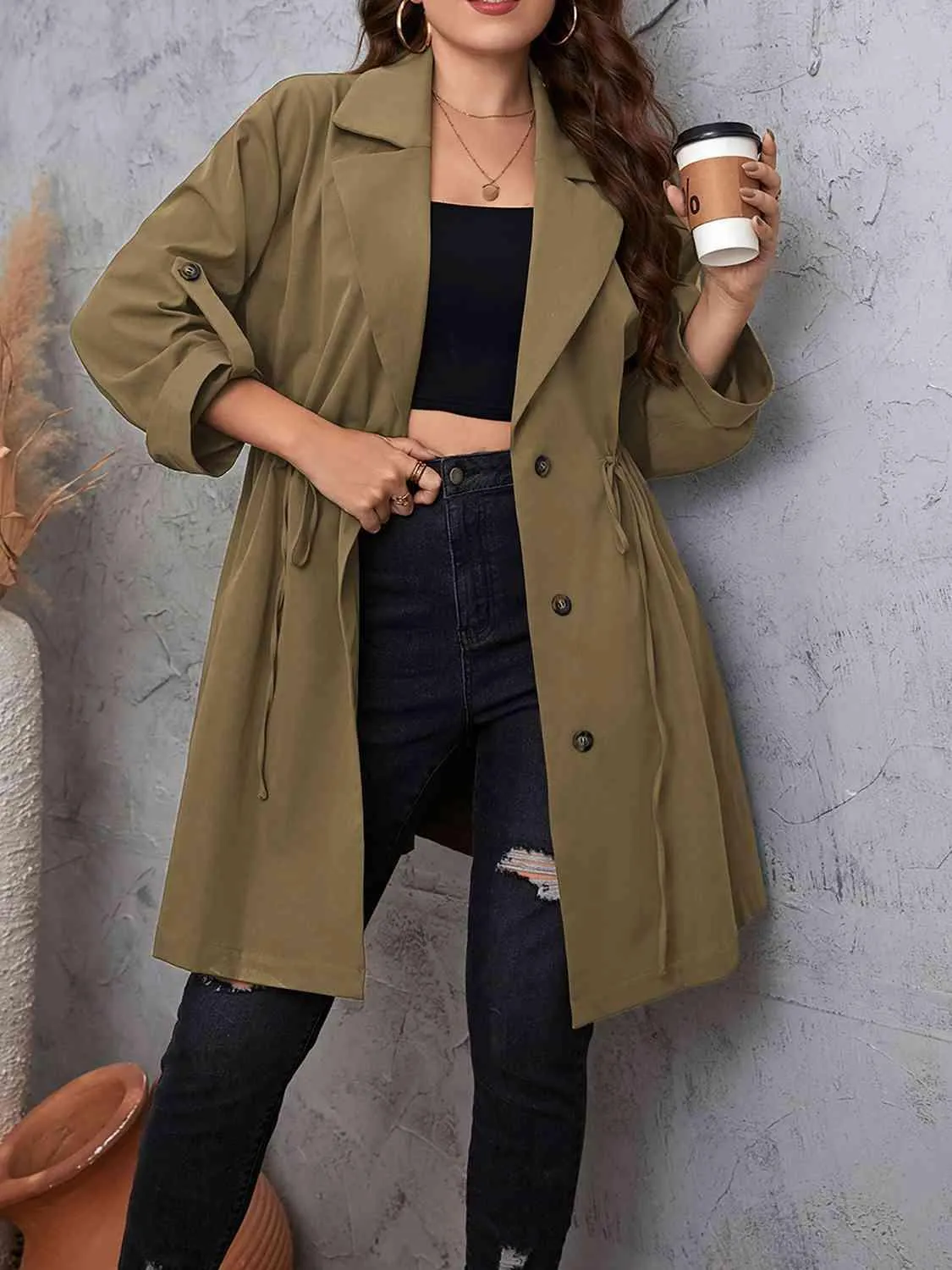 Roll-Tab Sleeve Drawstring Collared Trench Coat