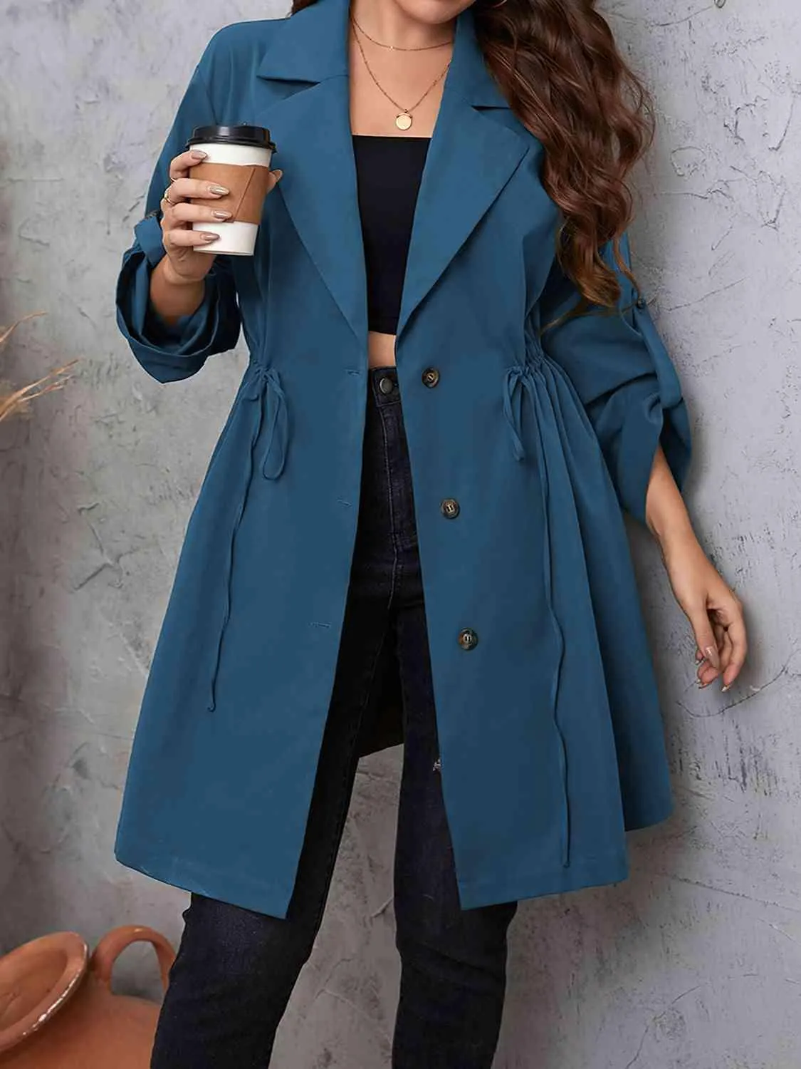 Roll-Tab Sleeve Drawstring Collared Trench Coat