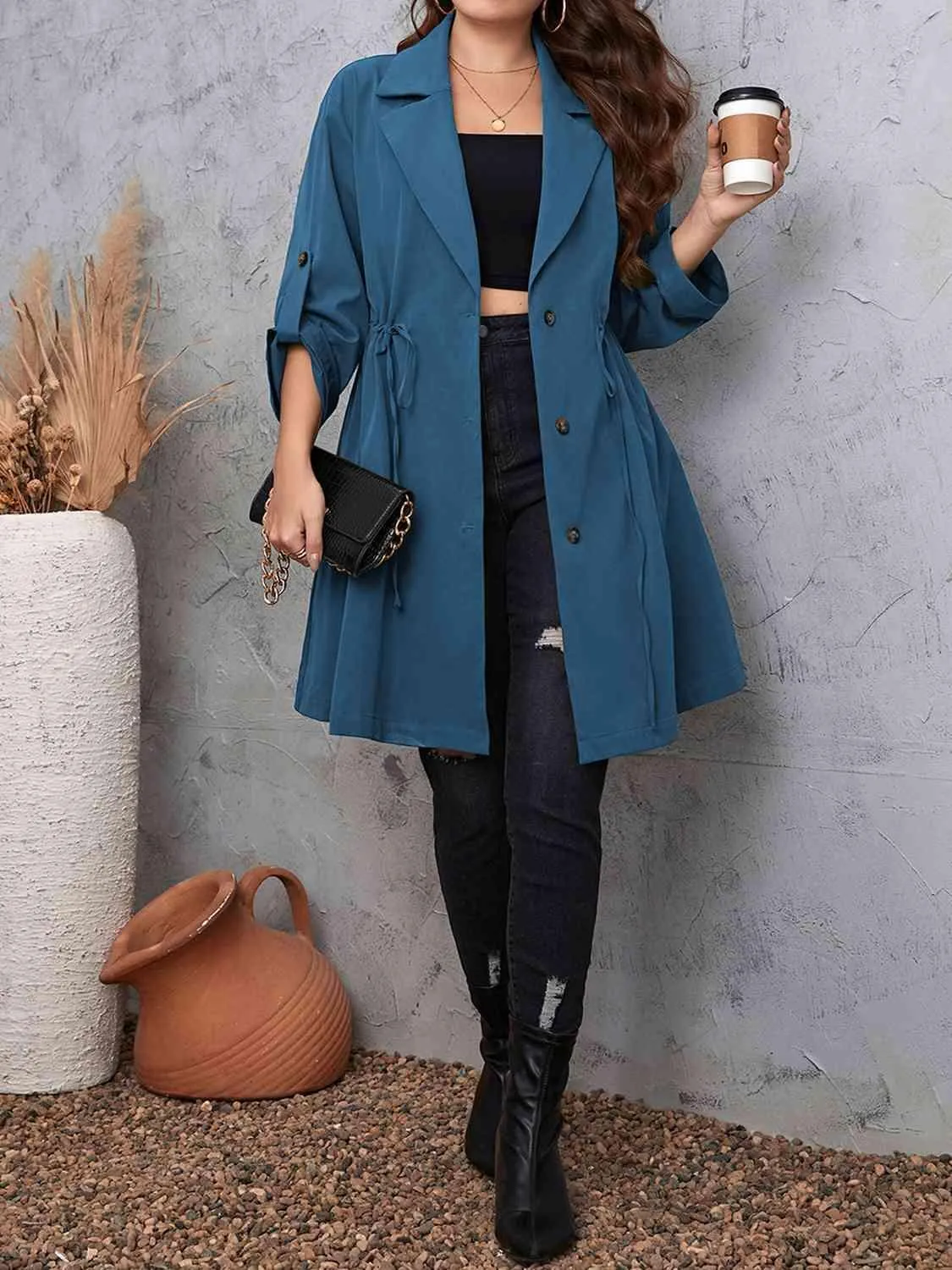 Roll-Tab Sleeve Drawstring Collared Trench Coat