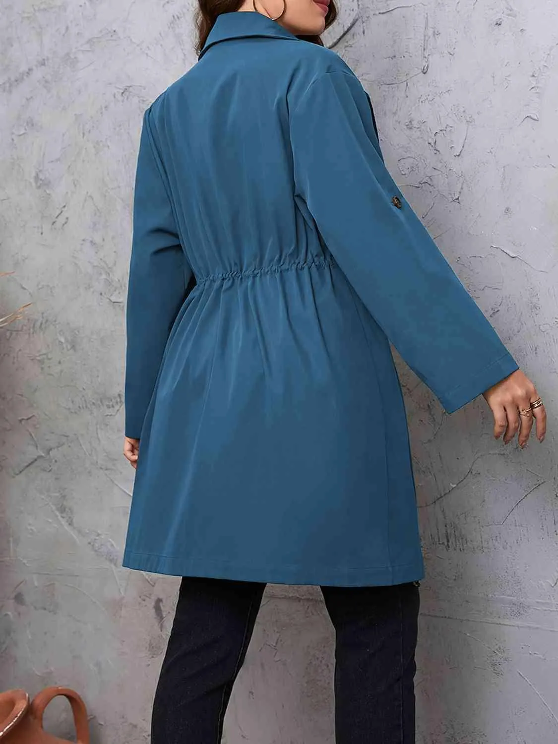 Roll-Tab Sleeve Drawstring Collared Trench Coat