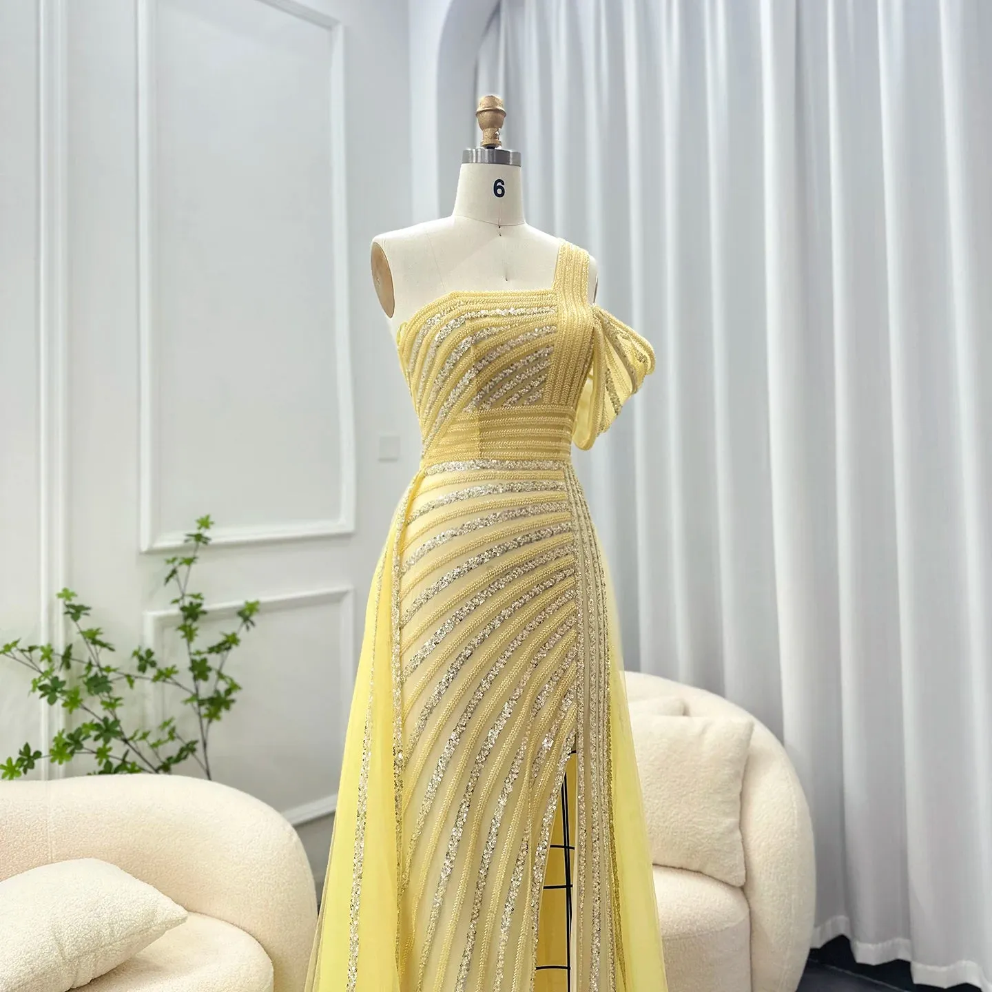 Sage Green One-Shoulder Evening Gown with Overskirt
