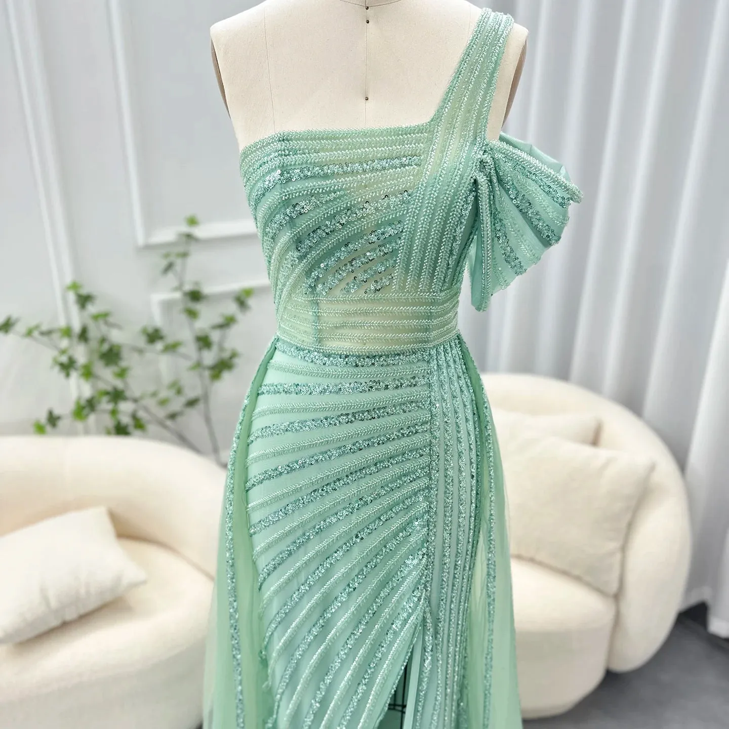 Sage Green One-Shoulder Evening Gown with Overskirt
