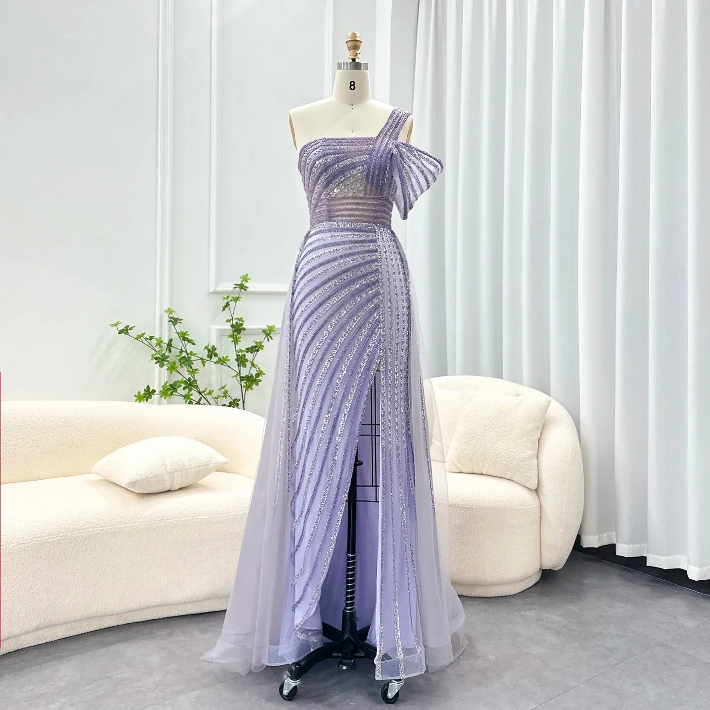 Sage Green One-Shoulder Evening Gown with Overskirt