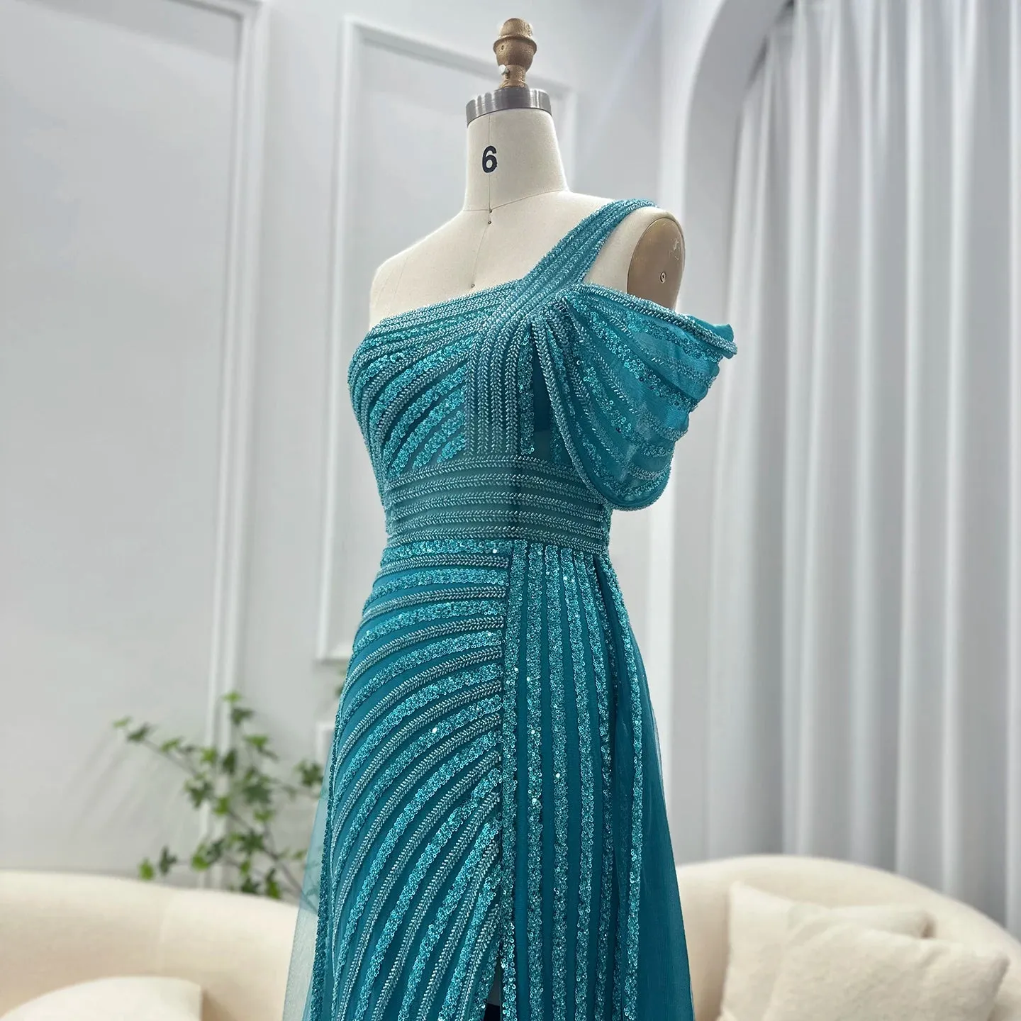 Sage Green One-Shoulder Evening Gown with Overskirt