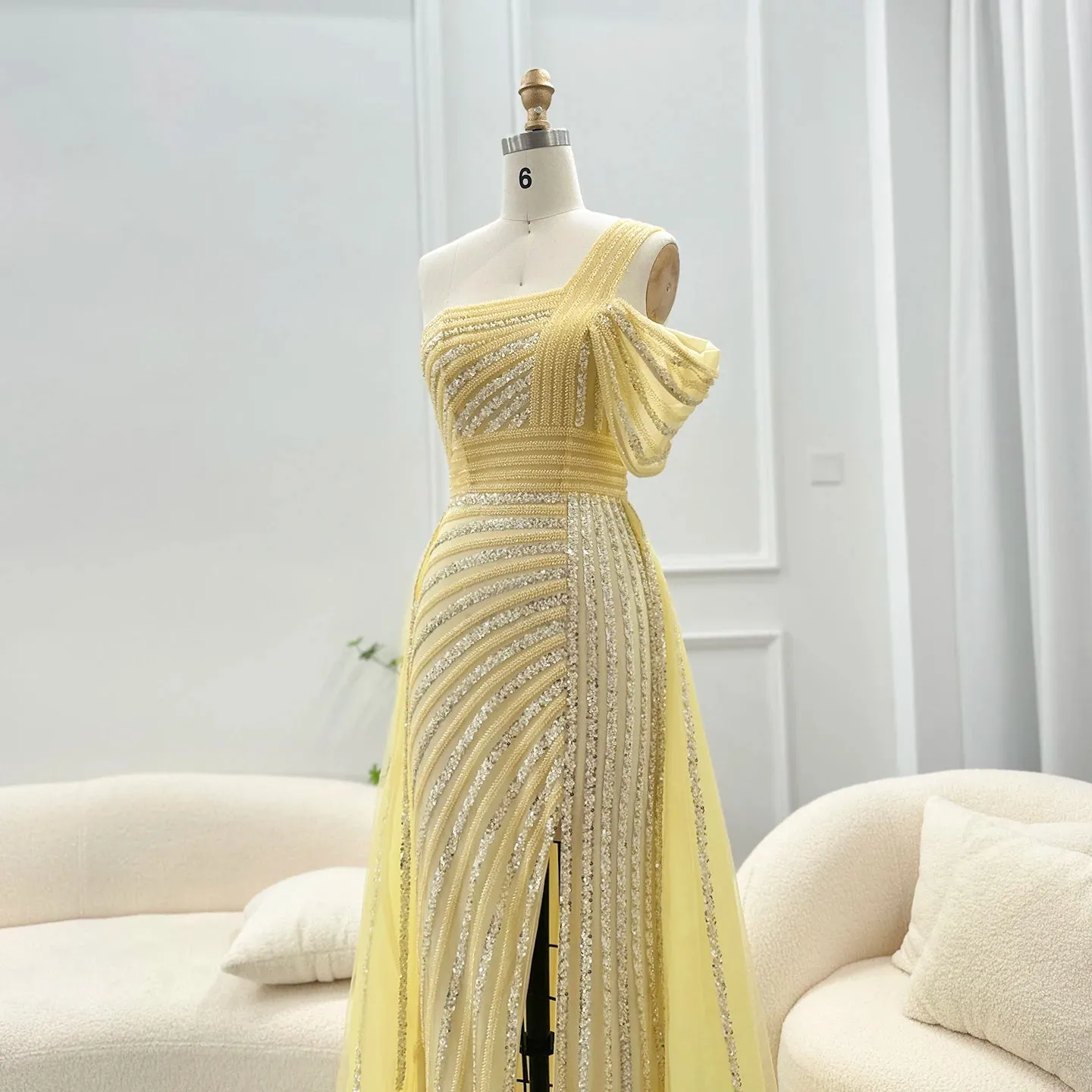 Sage Green One-Shoulder Evening Gown with Overskirt