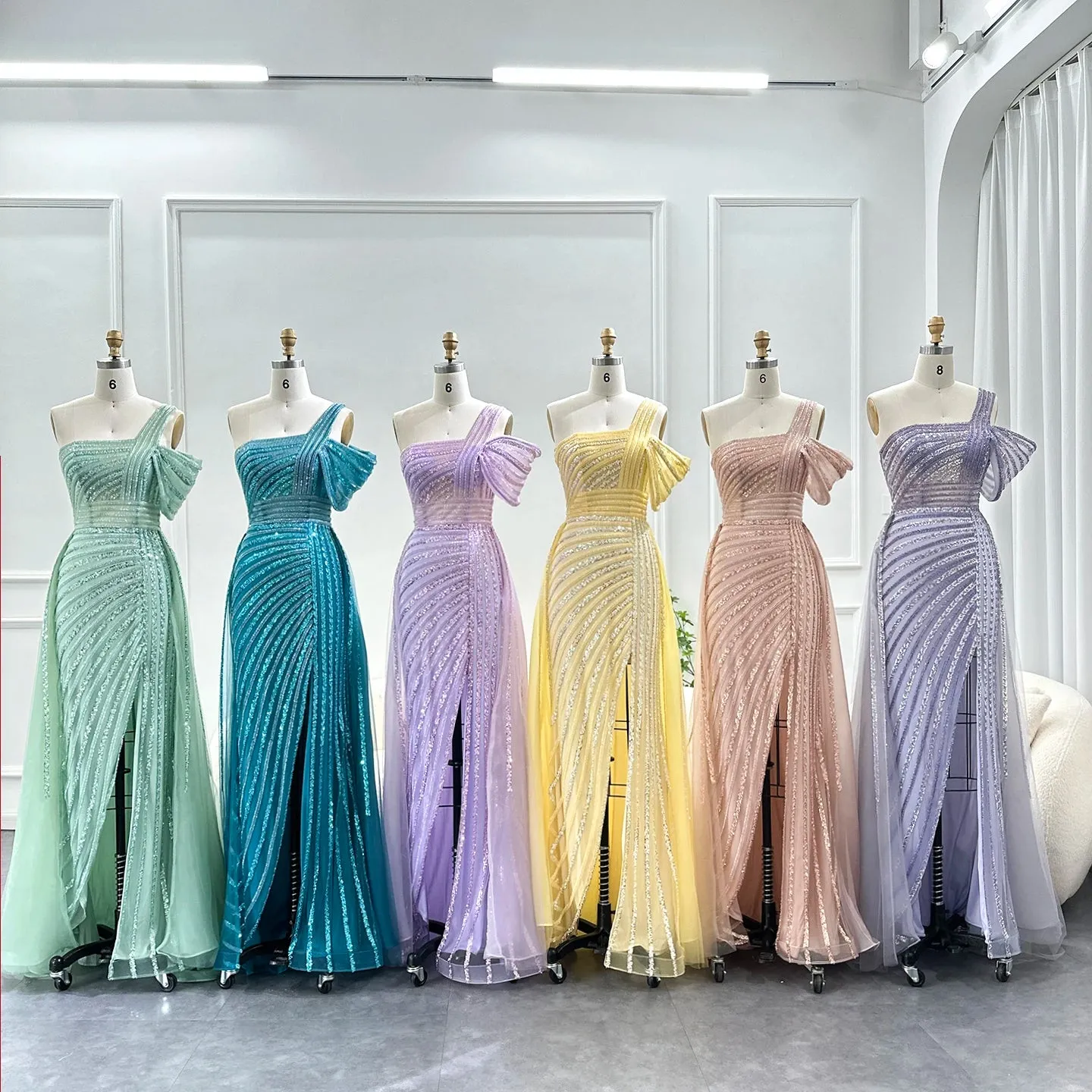Sage Green One-Shoulder Evening Gown with Overskirt
