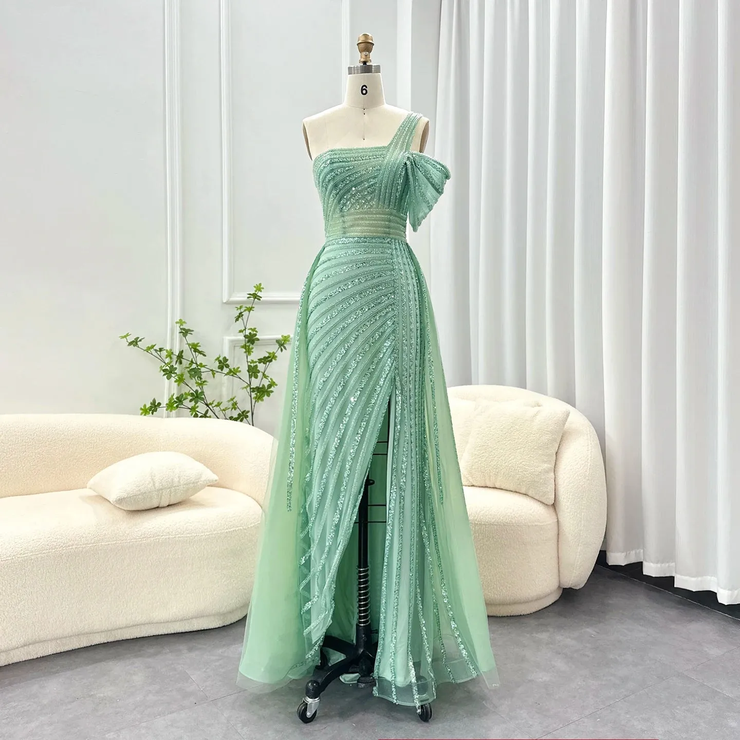 Sage Green One-Shoulder Evening Gown with Overskirt