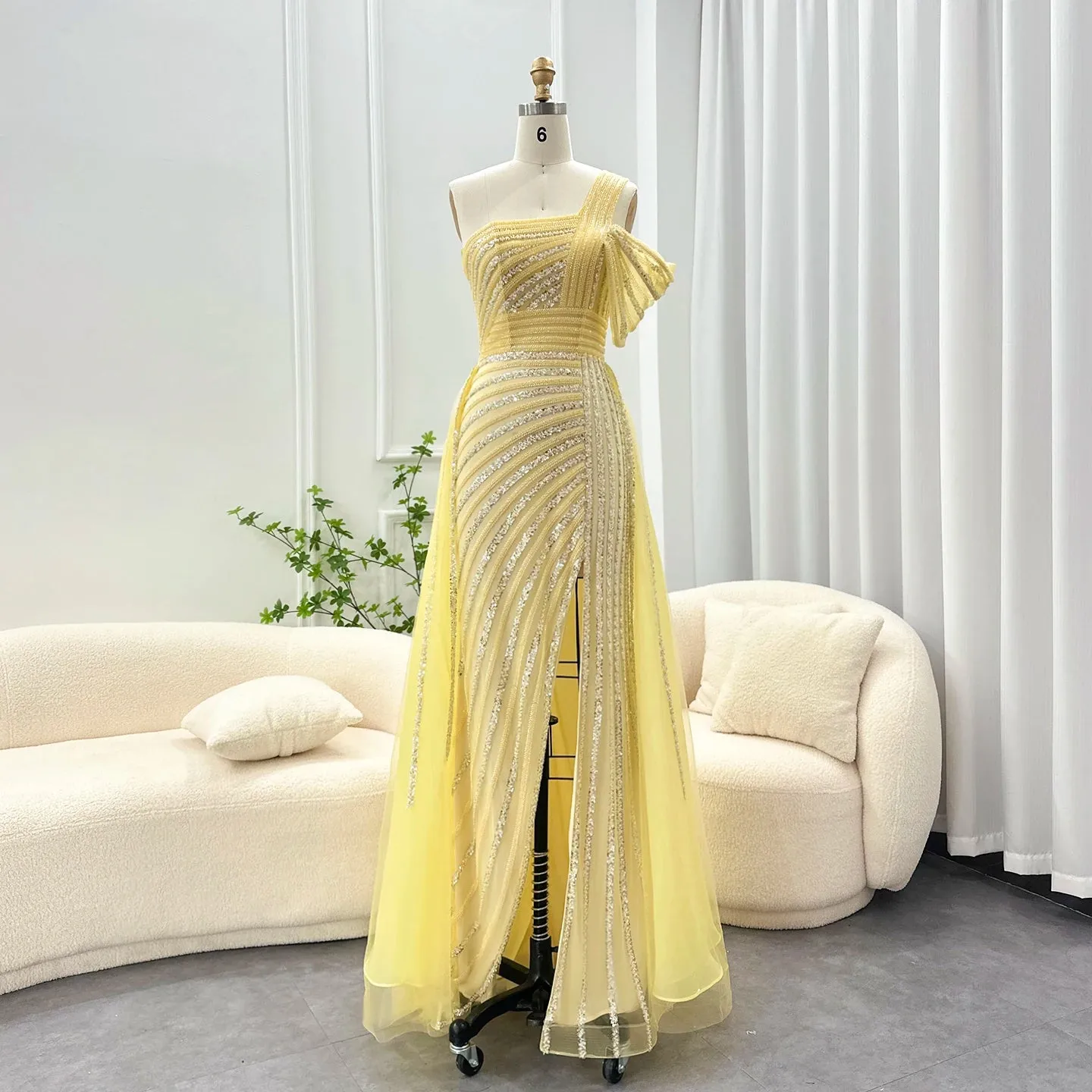 Sage Green One-Shoulder Evening Gown with Overskirt