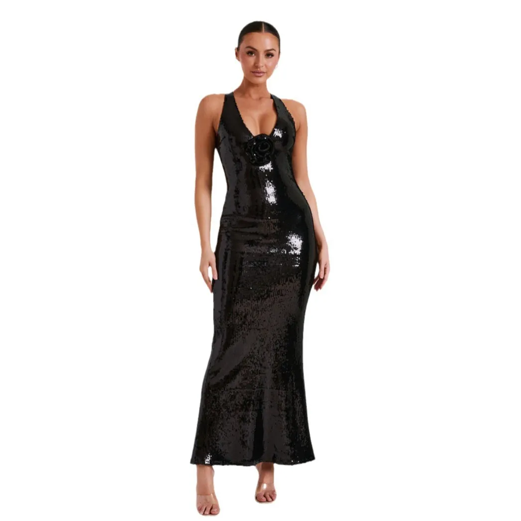 Sequin V Neck Sleeveless Maxi Dress