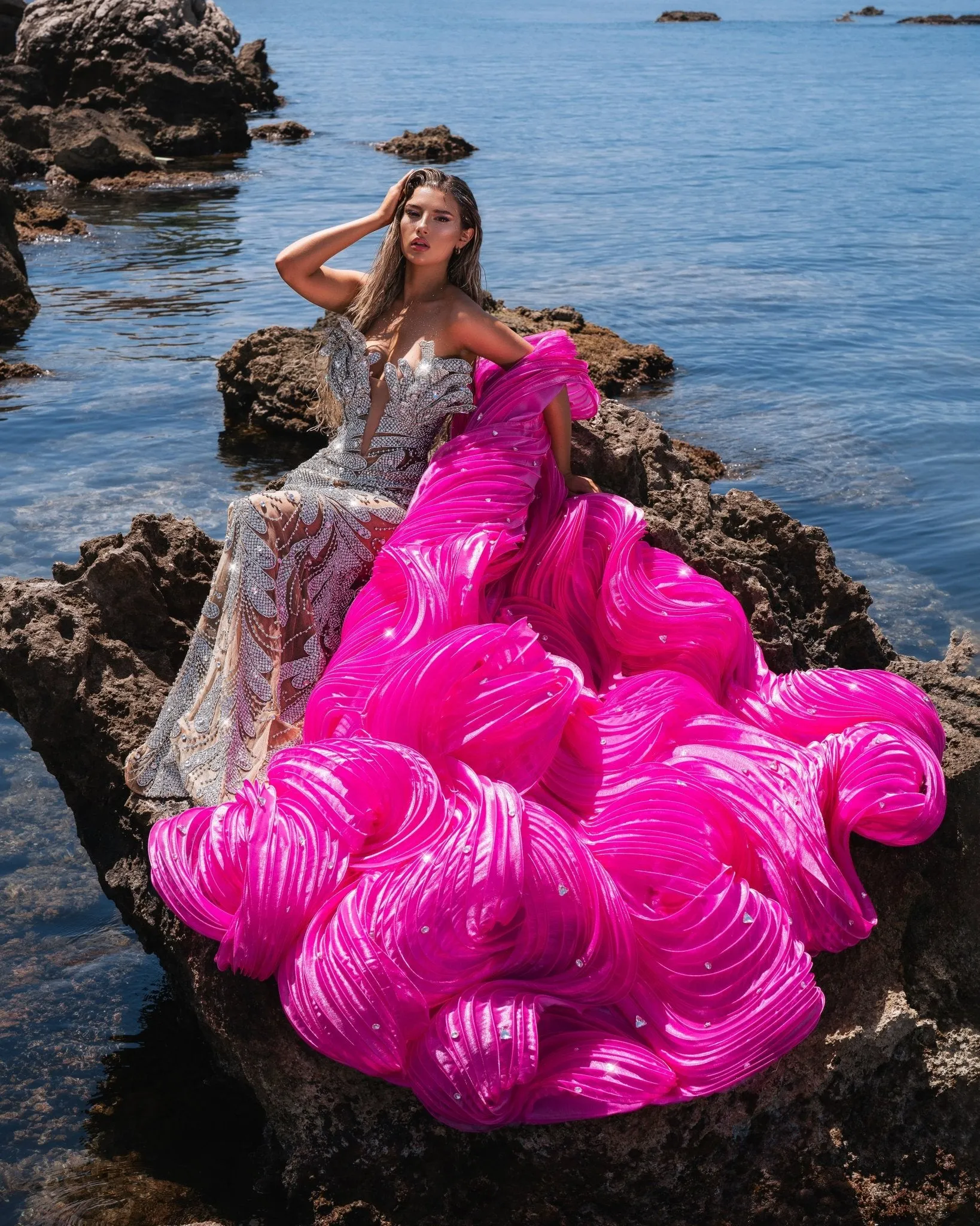 Seraphína Silver Dress with Pink Organdy Cape
