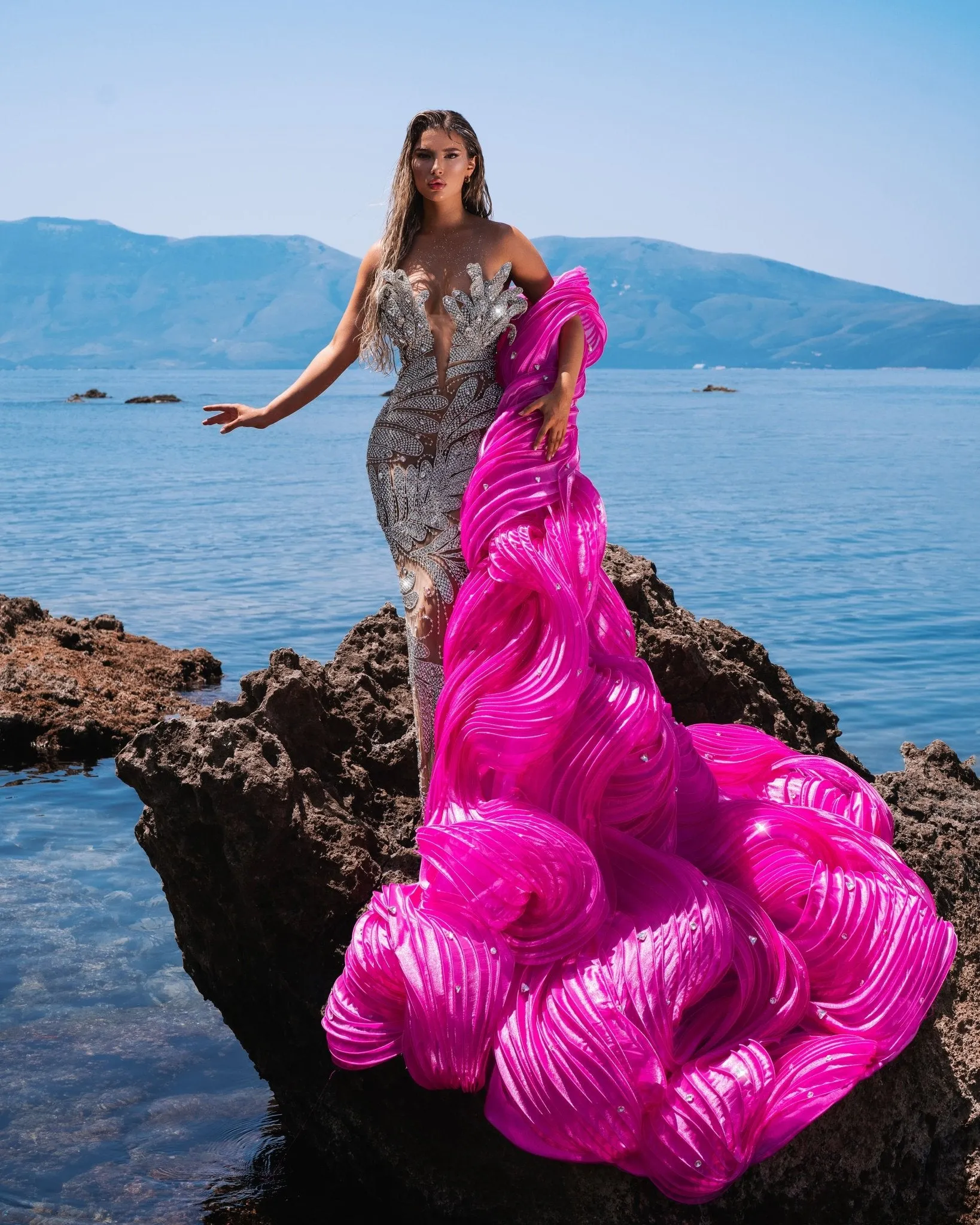 Seraphína Silver Dress with Pink Organdy Cape