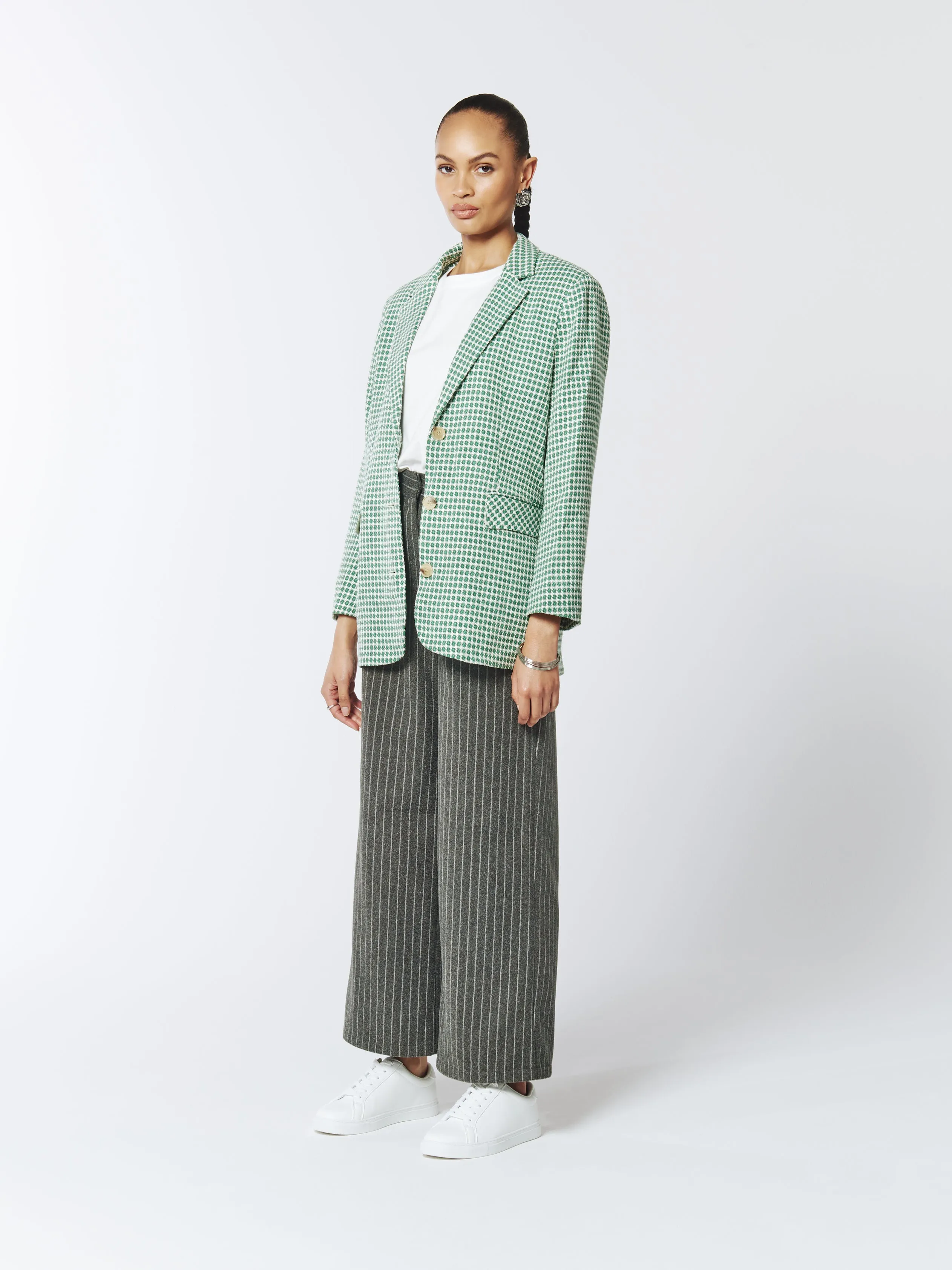 Single-breasted Checked Tweed Blazer in Cactus Green