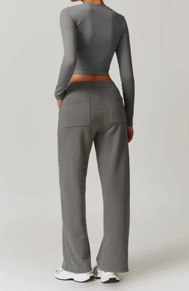 Solid Color V-Cut Long Sleeve And Sweatpants Set