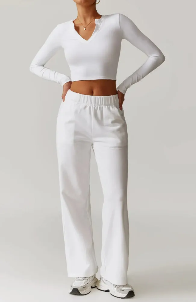Solid Color V-Cut Long Sleeve And Sweatpants Set
