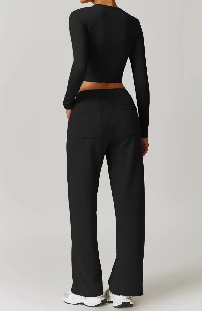 Solid Color V-Cut Long Sleeve And Sweatpants Set