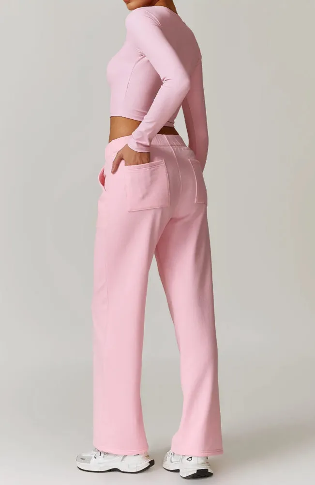 Solid Color V-Cut Long Sleeve And Sweatpants Set