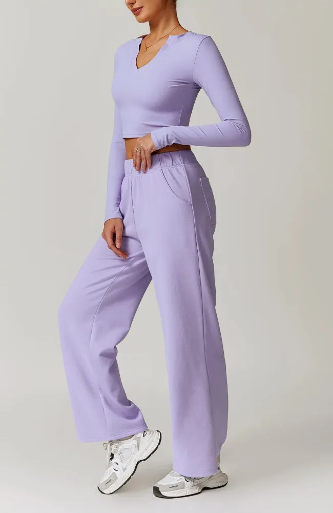 Solid Color V-Cut Long Sleeve And Sweatpants Set