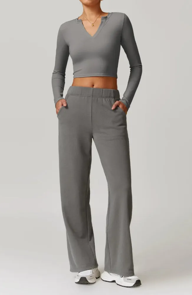 Solid Color V-Cut Long Sleeve And Sweatpants Set
