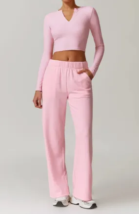 Solid Color V-Cut Long Sleeve And Sweatpants Set