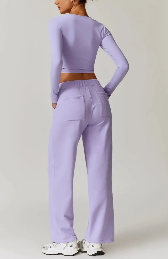 Solid Color V-Cut Long Sleeve And Sweatpants Set