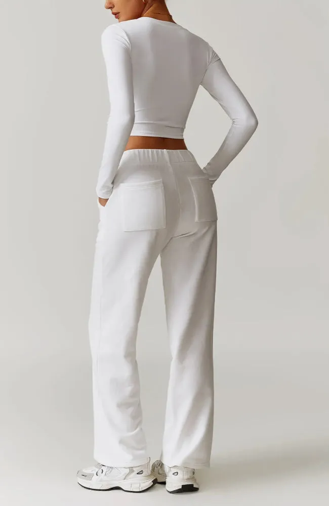 Solid Color V-Cut Long Sleeve And Sweatpants Set