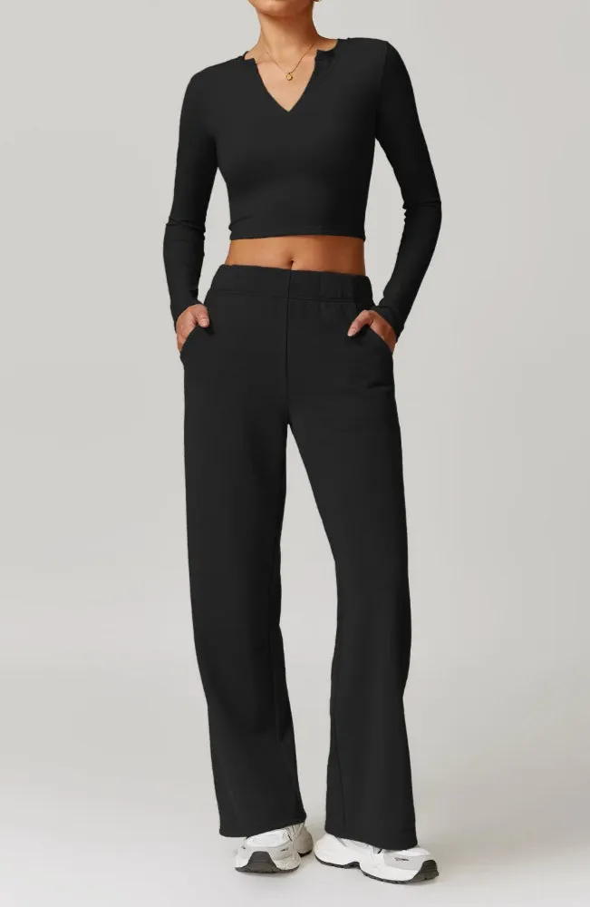 Solid Color V-Cut Long Sleeve And Sweatpants Set