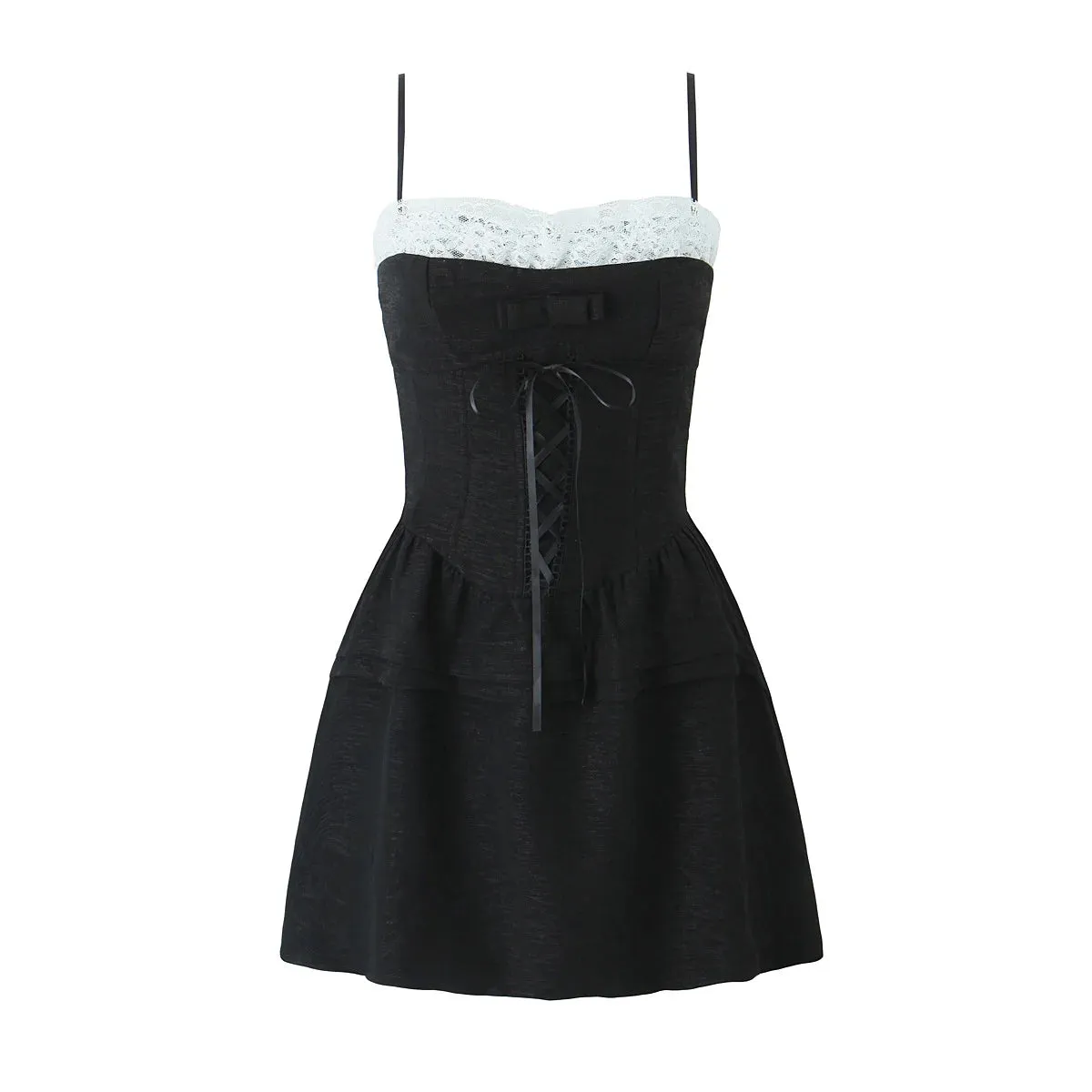 Spliced Lace Bow Cross Lacing Up Mini Dress