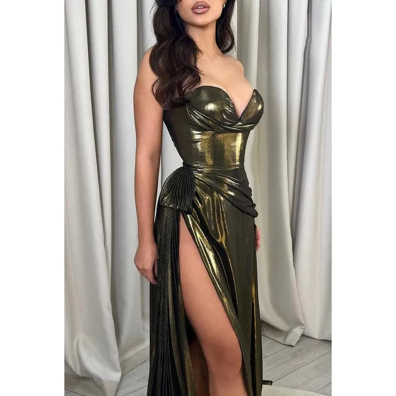 Sweetheart Strapless Sparkly Ruched A-Line Long Prom Gown