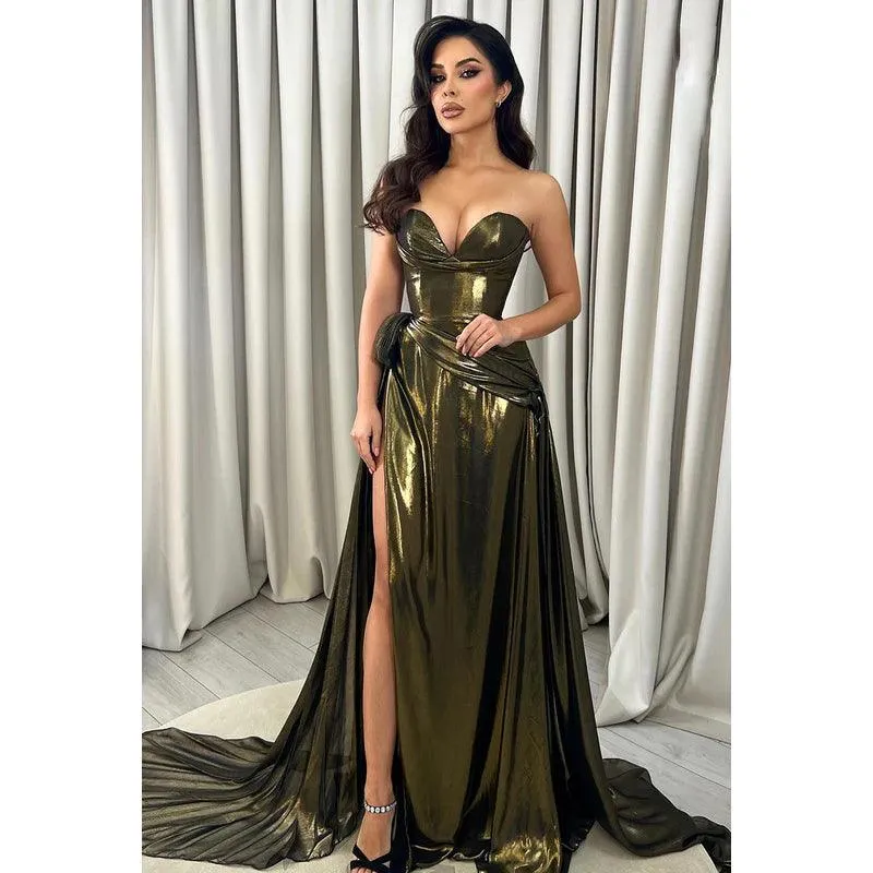 Sweetheart Strapless Sparkly Ruched A-Line Long Prom Gown