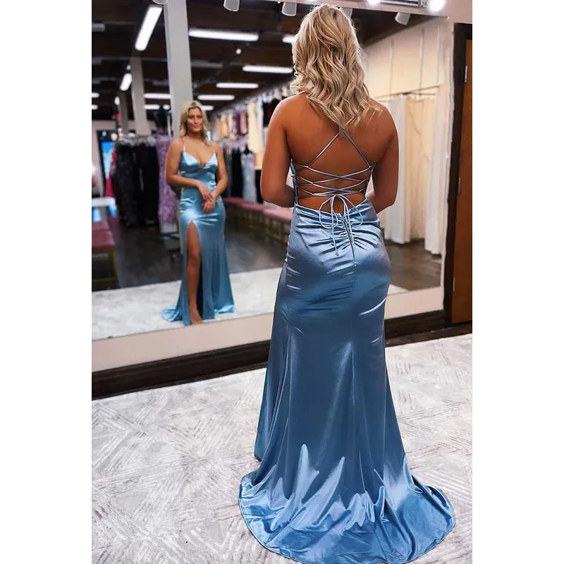 V-Neck Spaghetti Straps Lace-Up Long Prom Dress With Slit